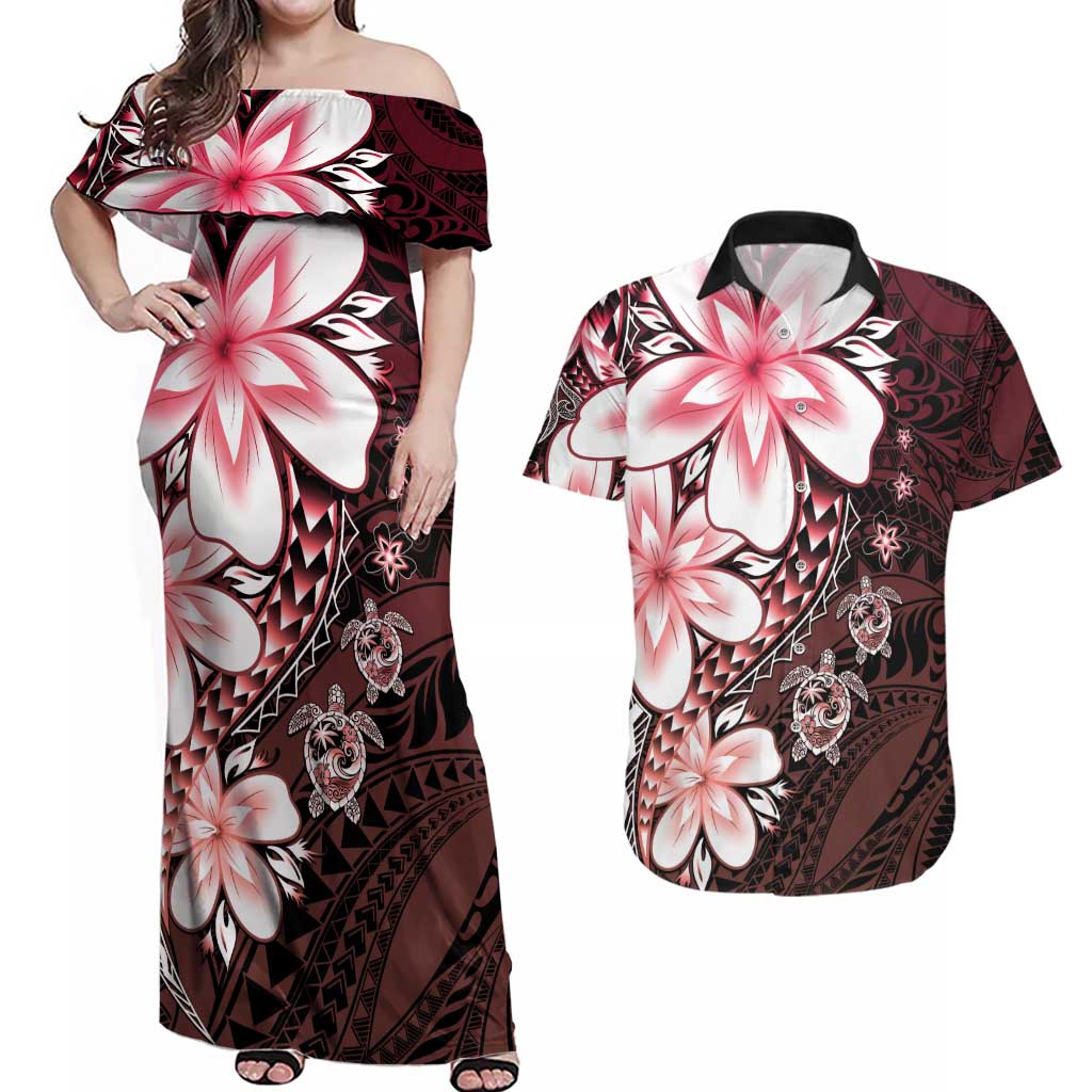 Polynesia Romantic Valentine Couples Matching Off Shoulder Maxi Dress and Hawaiian Shirt Sea Turtle Couple With Red Gradient Plumeria