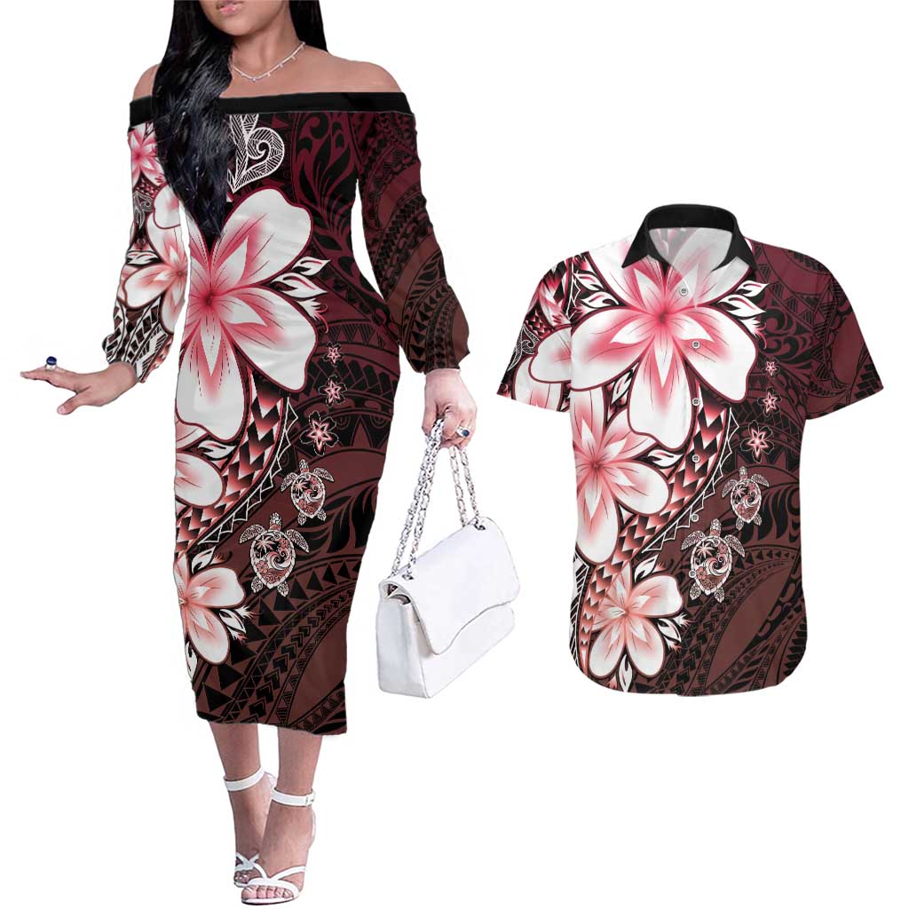 Polynesia Romantic Valentine Couples Matching Off The Shoulder Long Sleeve Dress and Hawaiian Shirt Sea Turtle Couple With Red Gradient Plumeria