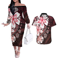 Polynesia Romantic Valentine Couples Matching Off The Shoulder Long Sleeve Dress and Hawaiian Shirt Sea Turtle Couple With Red Gradient Plumeria
