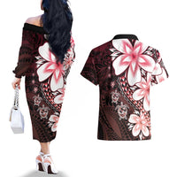 Polynesia Romantic Valentine Couples Matching Off The Shoulder Long Sleeve Dress and Hawaiian Shirt Sea Turtle Couple With Red Gradient Plumeria
