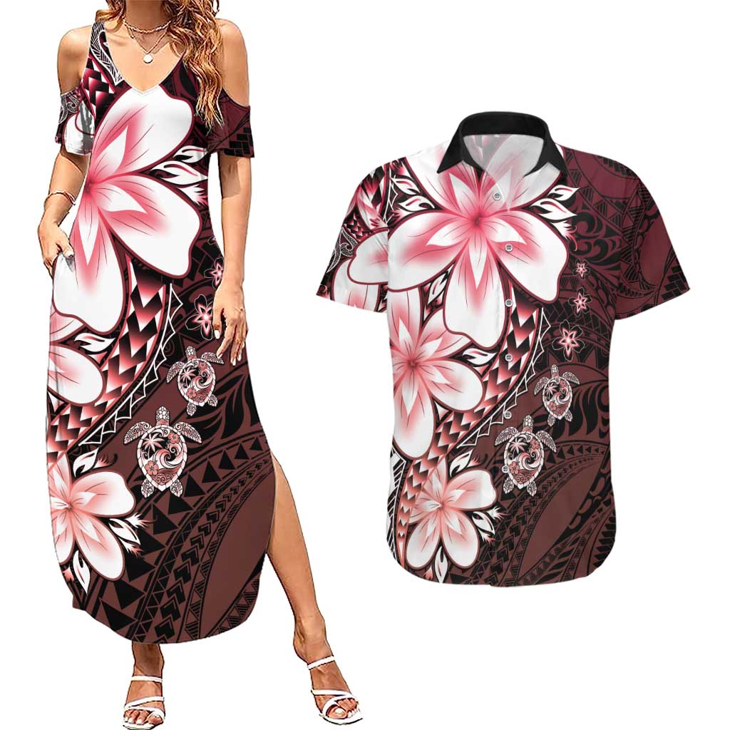 Polynesia Romantic Valentine Couples Matching Summer Maxi Dress and Hawaiian Shirt Sea Turtle Couple With Red Gradient Plumeria