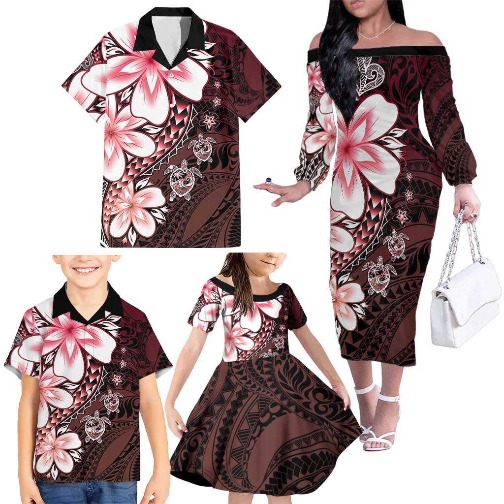 Polynesia Romantic Valentine Family Matching Off The Shoulder Long Sleeve Dress and Hawaiian Shirt Sea Turtle Couple With Red Gradient Plumeria