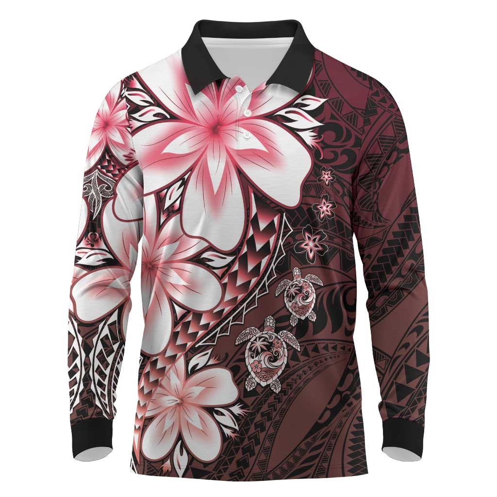Polynesia Romantic Valentine Long Sleeve Polo Shirt Sea Turtle Couple With Red Gradient Plumeria