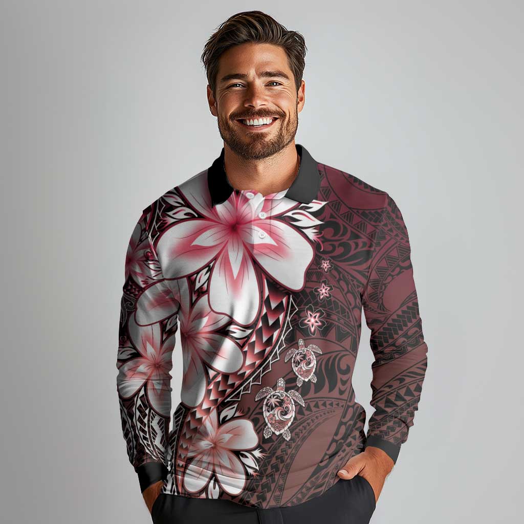 Polynesia Romantic Valentine Long Sleeve Polo Shirt Sea Turtle Couple With Red Gradient Plumeria