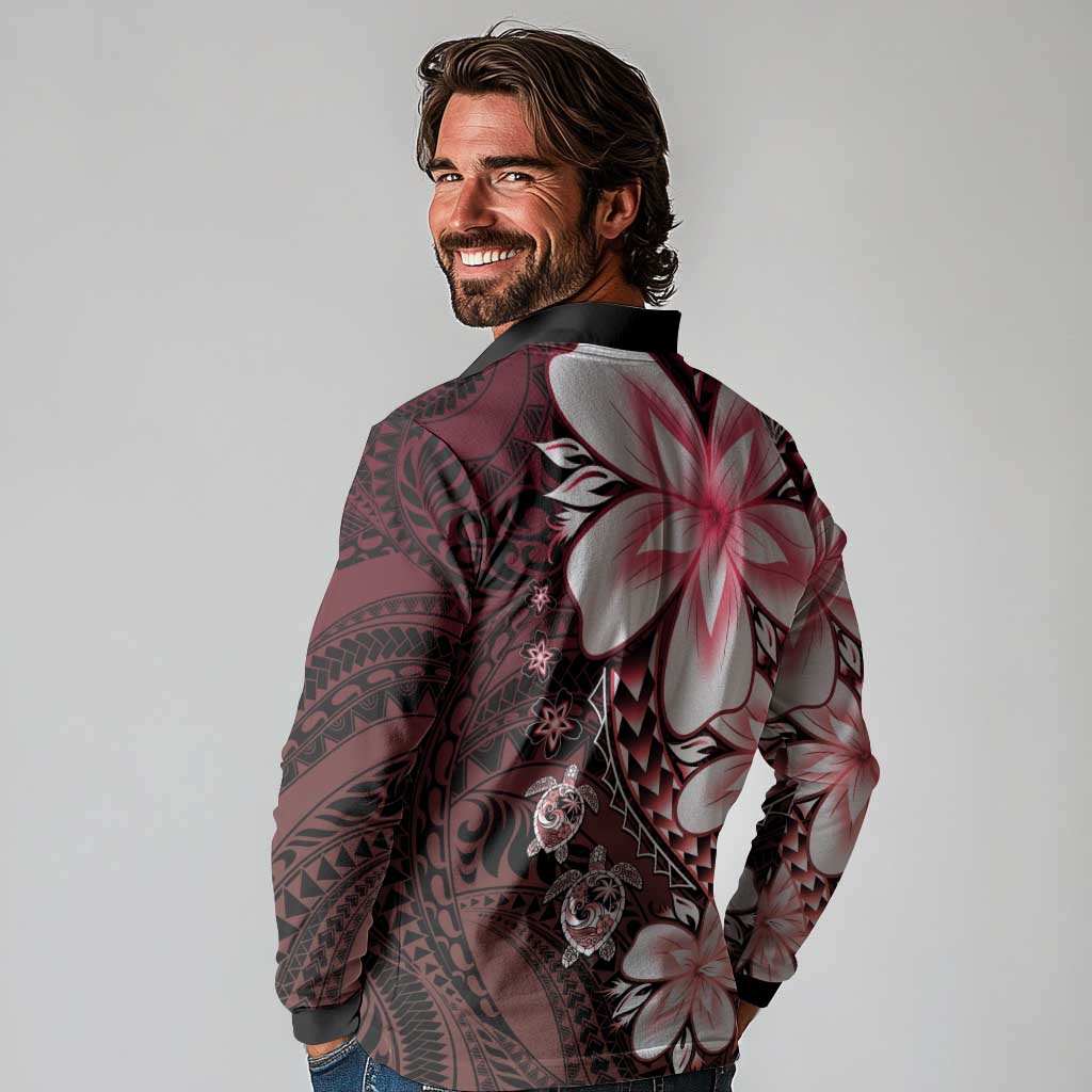 Polynesia Romantic Valentine Long Sleeve Polo Shirt Sea Turtle Couple With Red Gradient Plumeria
