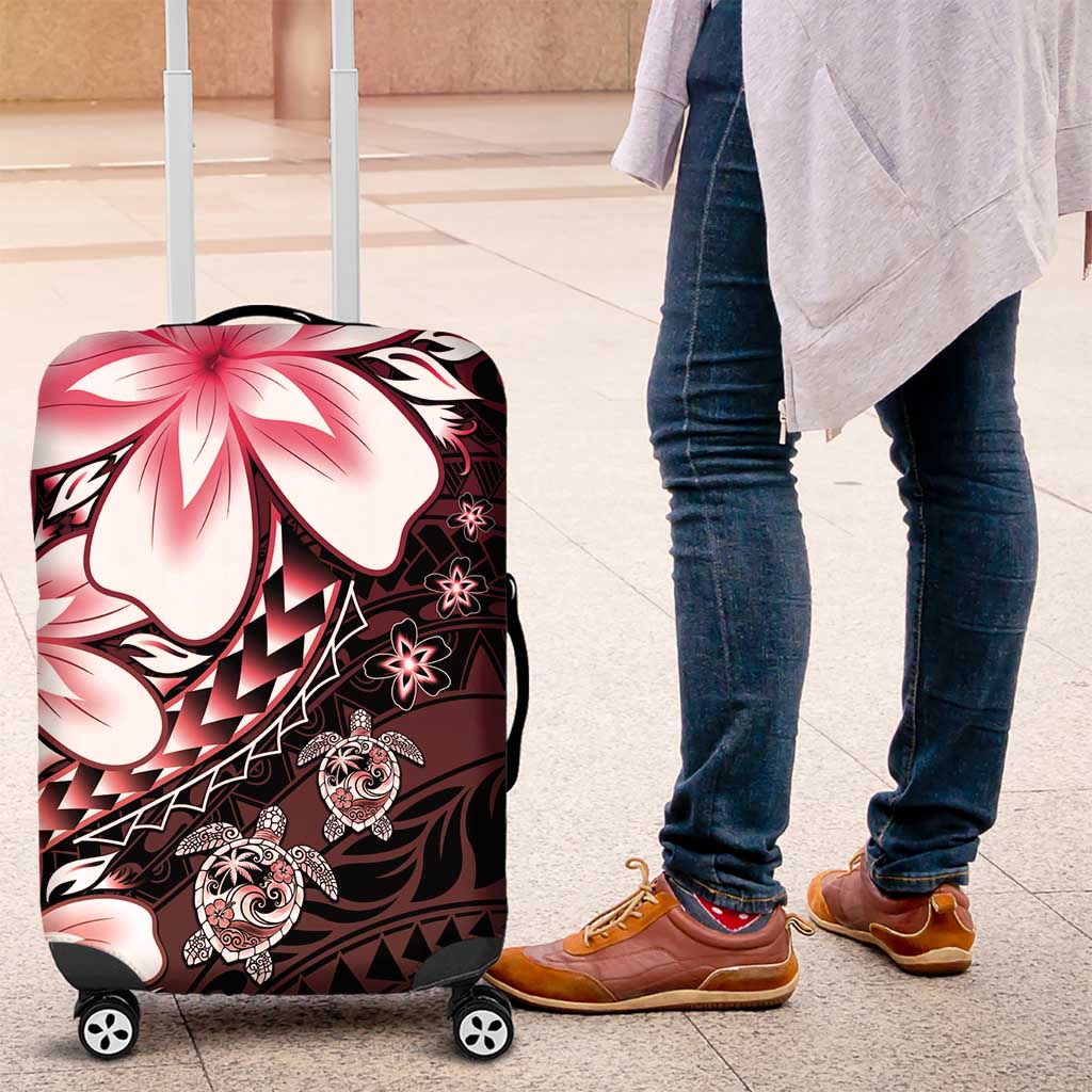 Polynesia Romantic Valentine Luggage Cover Sea Turtle Couple With Red Gradient Plumeria