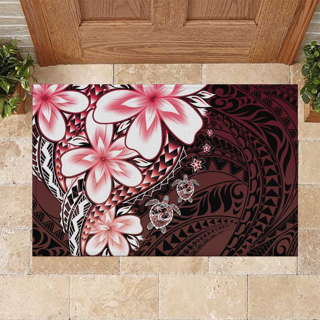 Polynesia Romantic Valentine Rubber Doormat Sea Turtle Couple With Red Gradient Plumeria
