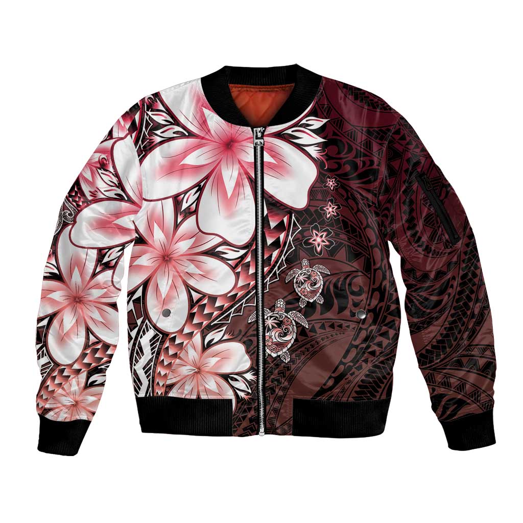 Polynesia Romantic Valentine Sleeve Zip Bomber Jacket Sea Turtle Couple With Red Gradient Plumeria