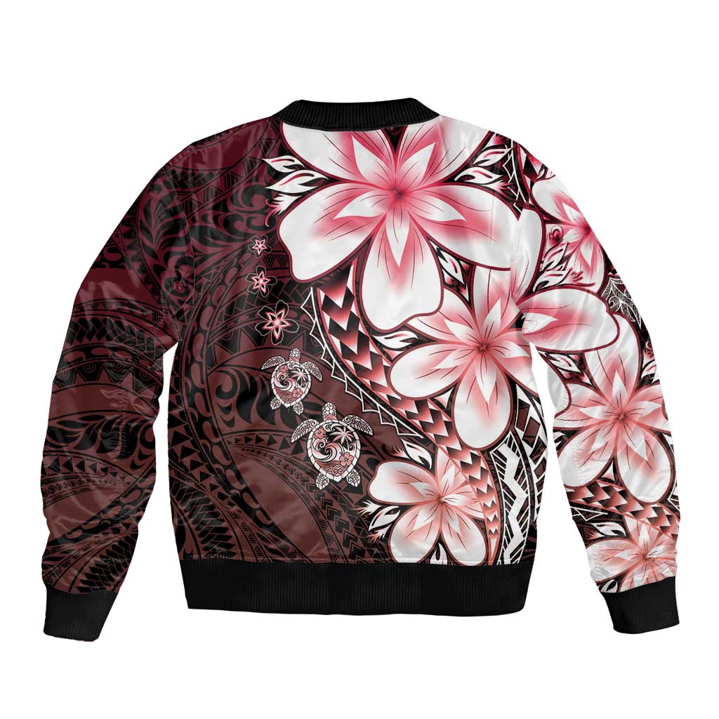 Polynesia Romantic Valentine Sleeve Zip Bomber Jacket Sea Turtle Couple With Red Gradient Plumeria