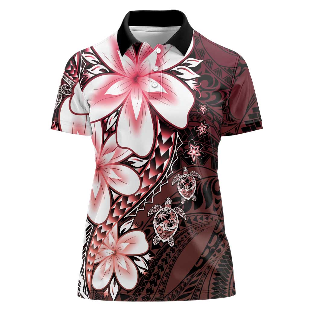 Polynesia Romantic Valentine Women Polo Shirt Sea Turtle Couple With Red Gradient Plumeria LT05 Female Red - Polynesian Pride