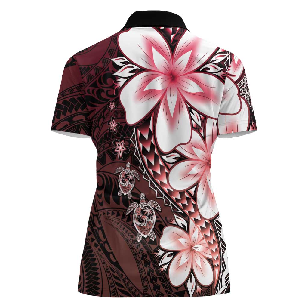 Polynesia Romantic Valentine Women Polo Shirt Sea Turtle Couple With Red Gradient Plumeria LT05 - Polynesian Pride