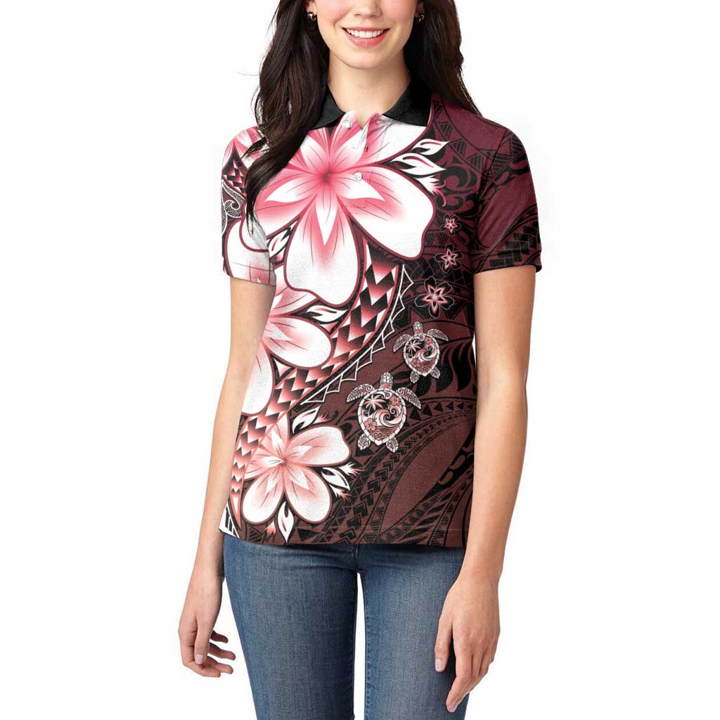 Polynesia Romantic Valentine Women Polo Shirt Sea Turtle Couple With Red Gradient Plumeria LT05 - Polynesian Pride