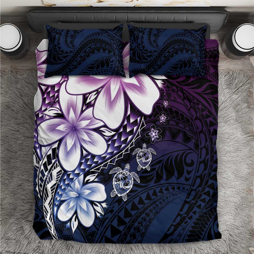 Polynesia Romantic Valentine Bedding Set Sea Turtle Couple With Purple Gradient Plumeria