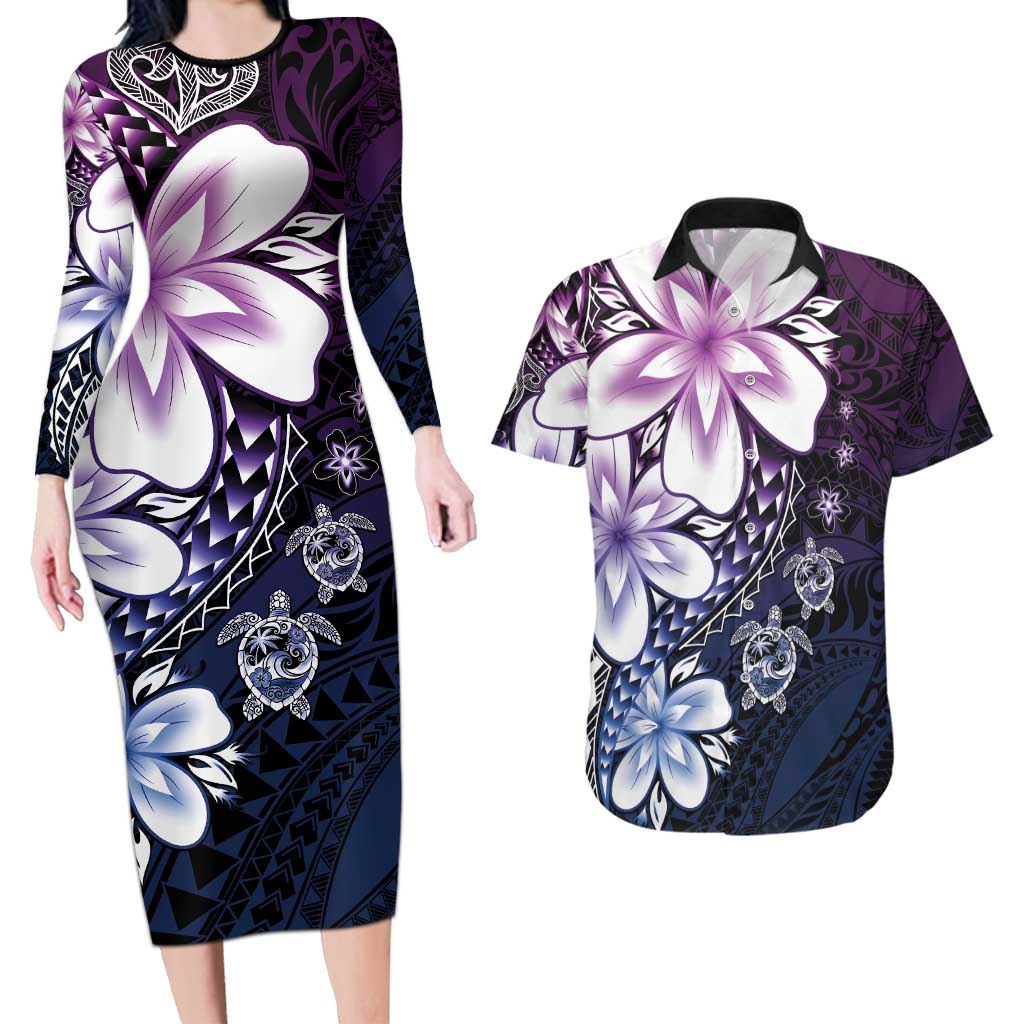 Polynesia Romantic Valentine Couples Matching Long Sleeve Bodycon Dress and Hawaiian Shirt Sea Turtle Couple With Purple Gradient Plumeria