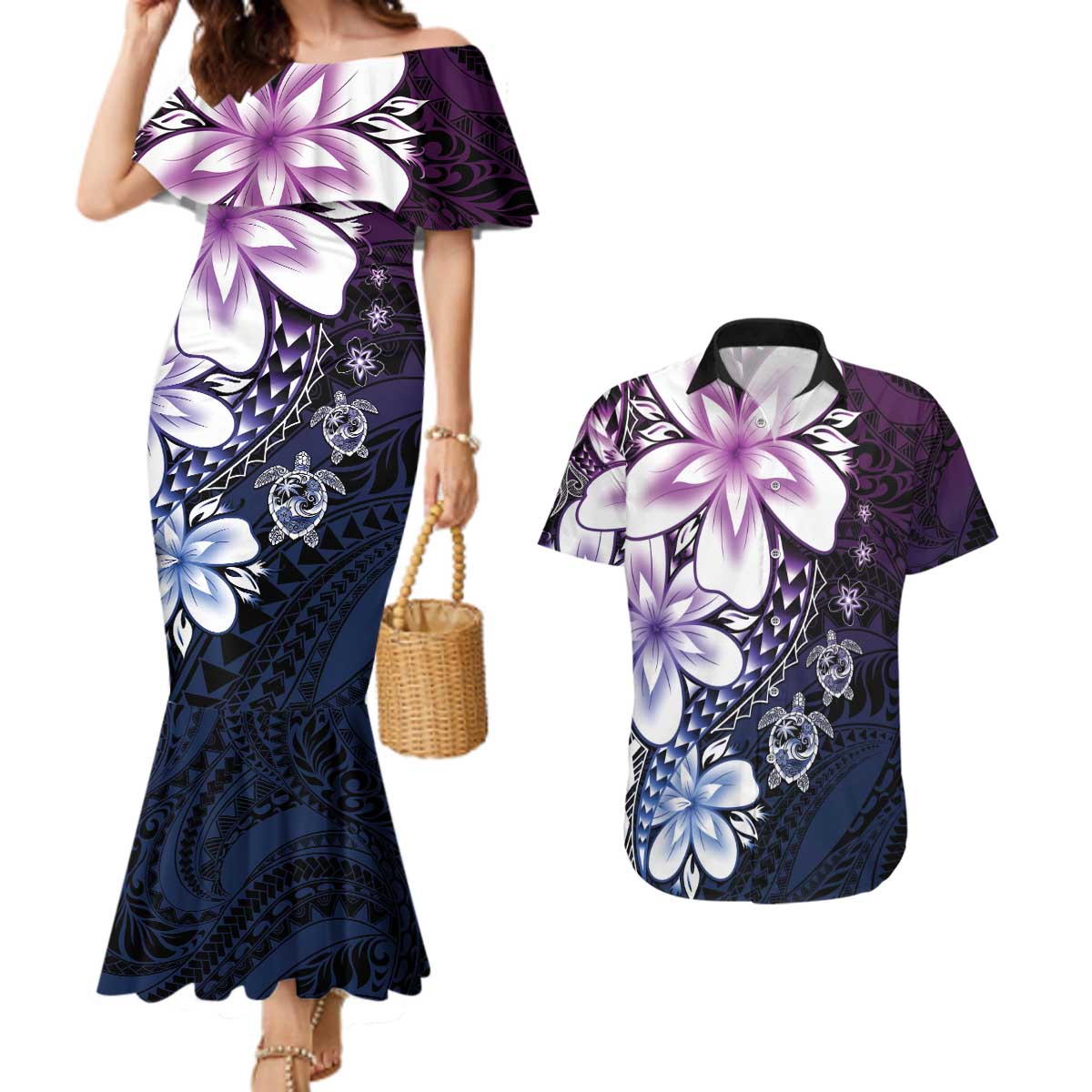 Polynesia Romantic Valentine Couples Matching Mermaid Dress and Hawaiian Shirt Sea Turtle Couple With Purple Gradient Plumeria