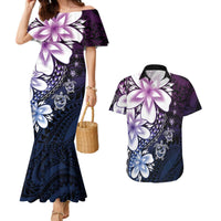 Polynesia Romantic Valentine Couples Matching Mermaid Dress and Hawaiian Shirt Sea Turtle Couple With Purple Gradient Plumeria