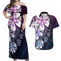 Polynesia Romantic Valentine Couples Matching Off Shoulder Maxi Dress and Hawaiian Shirt Sea Turtle Couple With Purple Gradient Plumeria