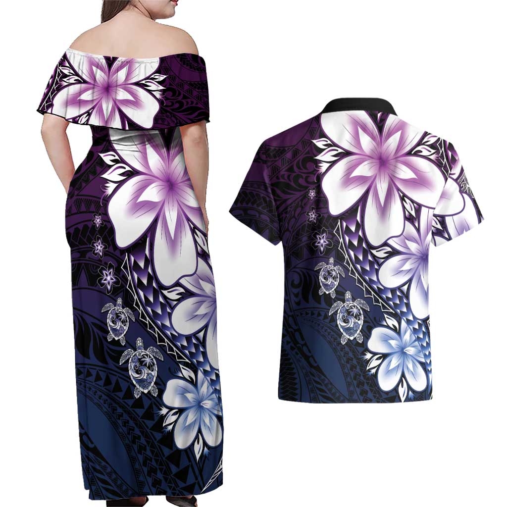 Polynesia Romantic Valentine Couples Matching Off Shoulder Maxi Dress and Hawaiian Shirt Sea Turtle Couple With Purple Gradient Plumeria