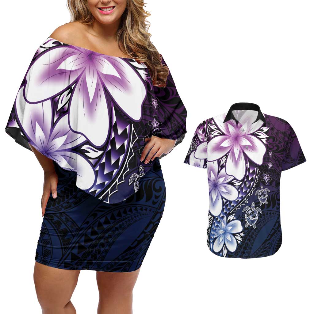 Polynesia Romantic Valentine Couples Matching Off Shoulder Short Dress and Hawaiian Shirt Sea Turtle Couple With Purple Gradient Plumeria