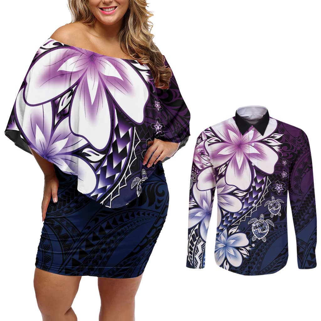 Polynesia Romantic Valentine Couples Matching Off Shoulder Short Dress and Long Sleeve Button Shirt Sea Turtle Couple With Purple Gradient Plumeria