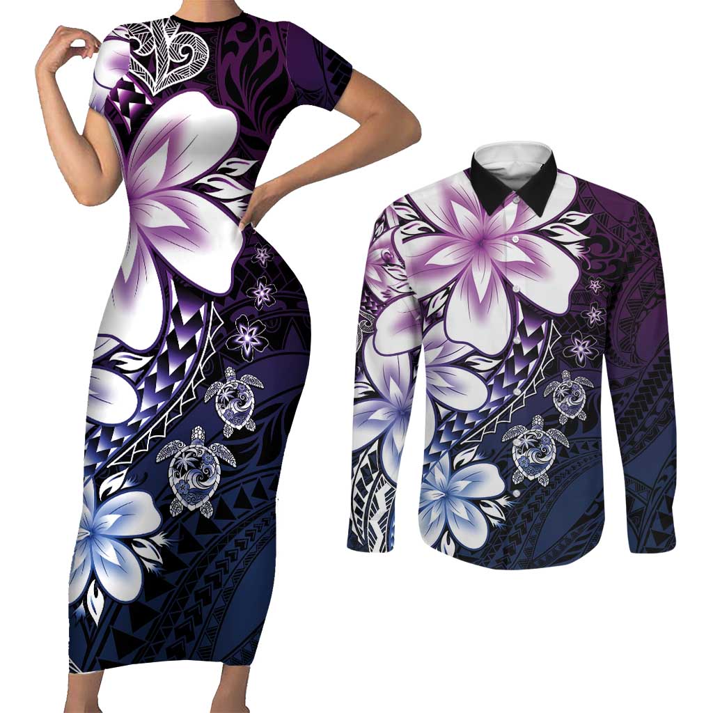 Polynesia Romantic Valentine Couples Matching Short Sleeve Bodycon Dress and Long Sleeve Button Shirt Sea Turtle Couple With Purple Gradient Plumeria