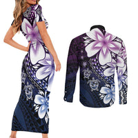 Polynesia Romantic Valentine Couples Matching Short Sleeve Bodycon Dress and Long Sleeve Button Shirt Sea Turtle Couple With Purple Gradient Plumeria