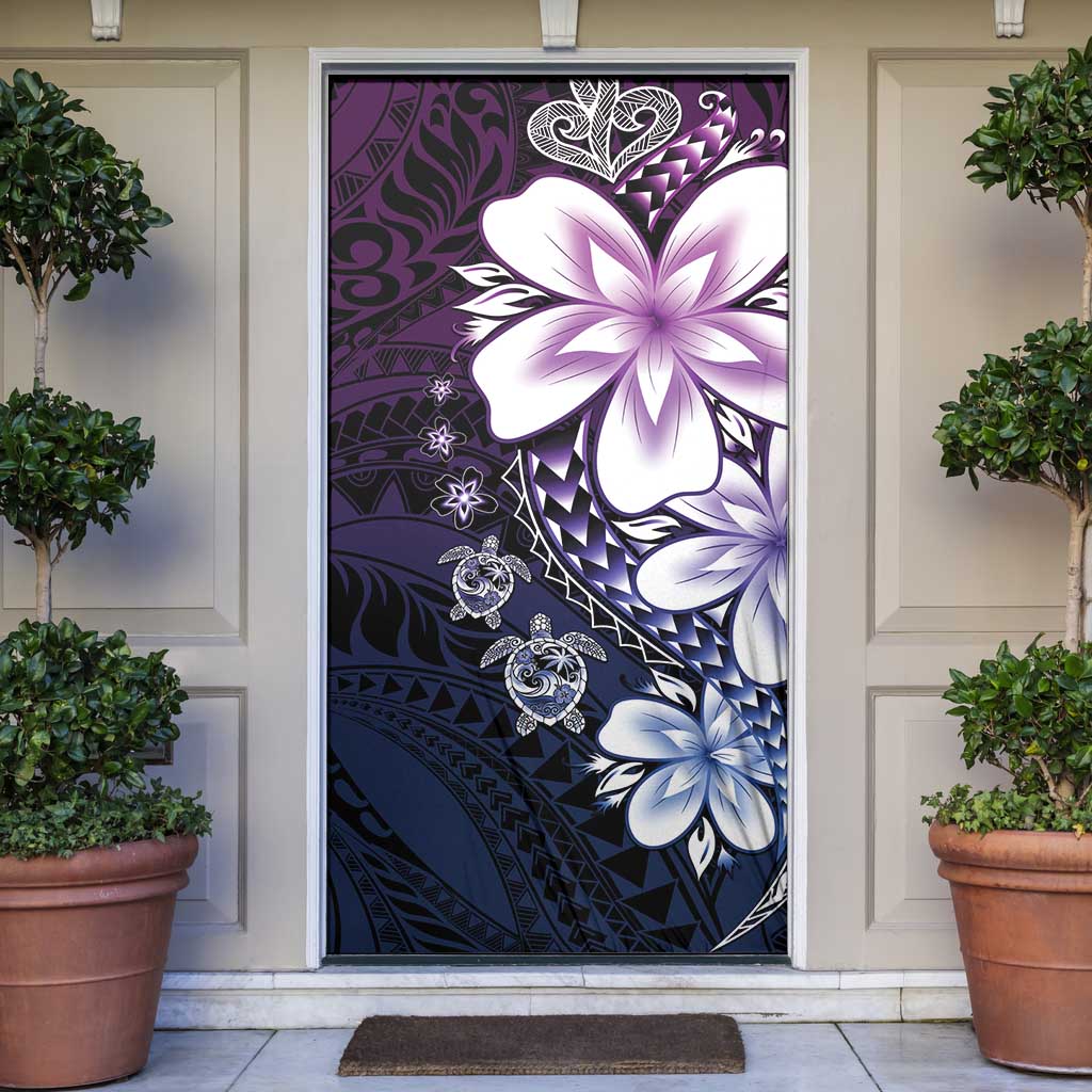 Polynesia Romantic Valentine Door Cover Sea Turtle Couple With Purple Gradient Plumeria