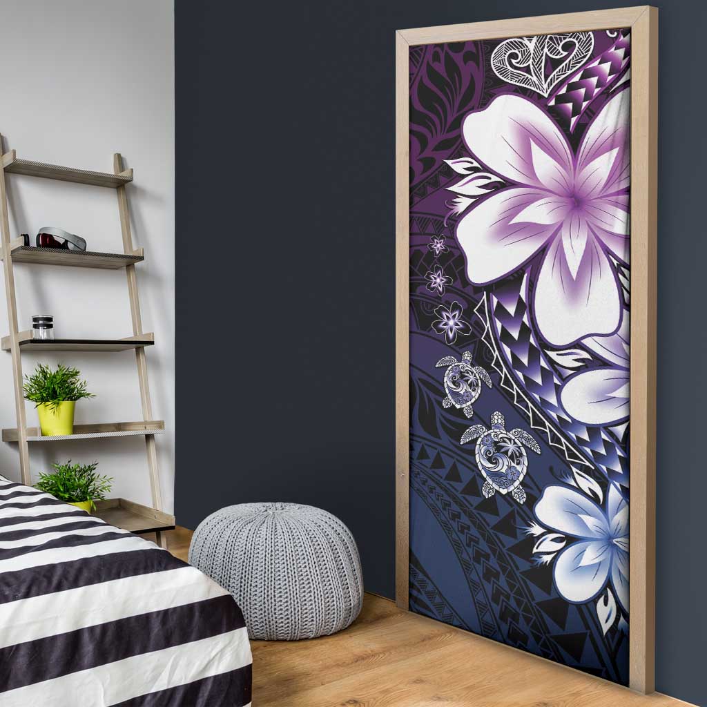 Polynesia Romantic Valentine Door Cover Sea Turtle Couple With Purple Gradient Plumeria
