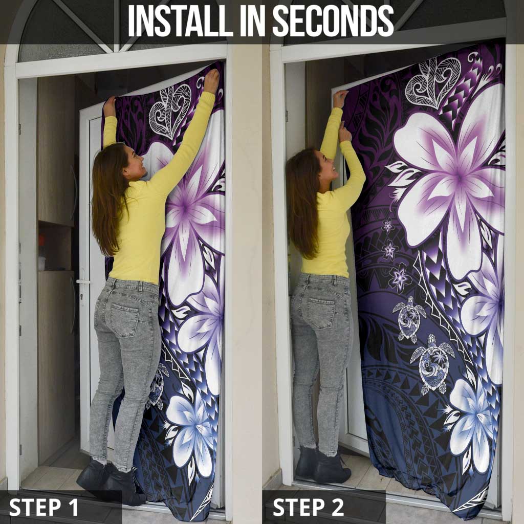 Polynesia Romantic Valentine Door Cover Sea Turtle Couple With Purple Gradient Plumeria