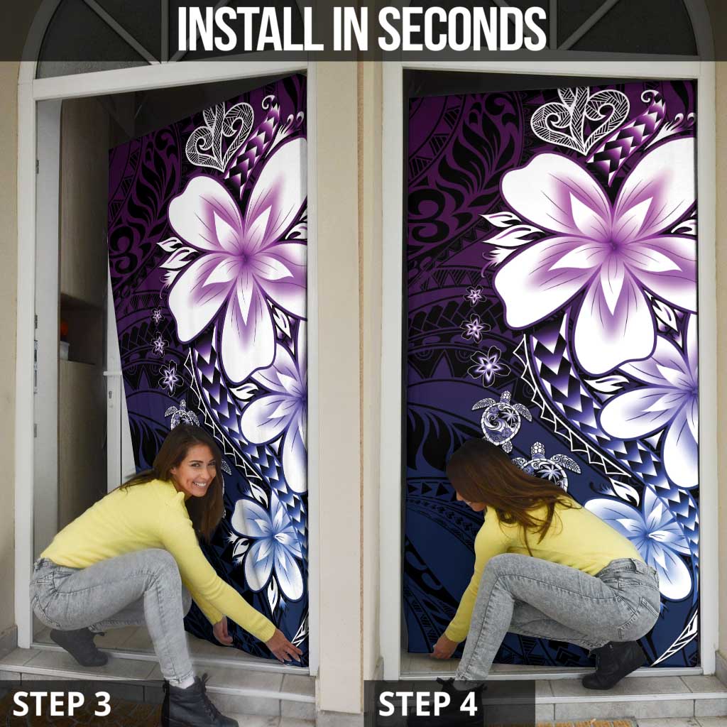 Polynesia Romantic Valentine Door Cover Sea Turtle Couple With Purple Gradient Plumeria