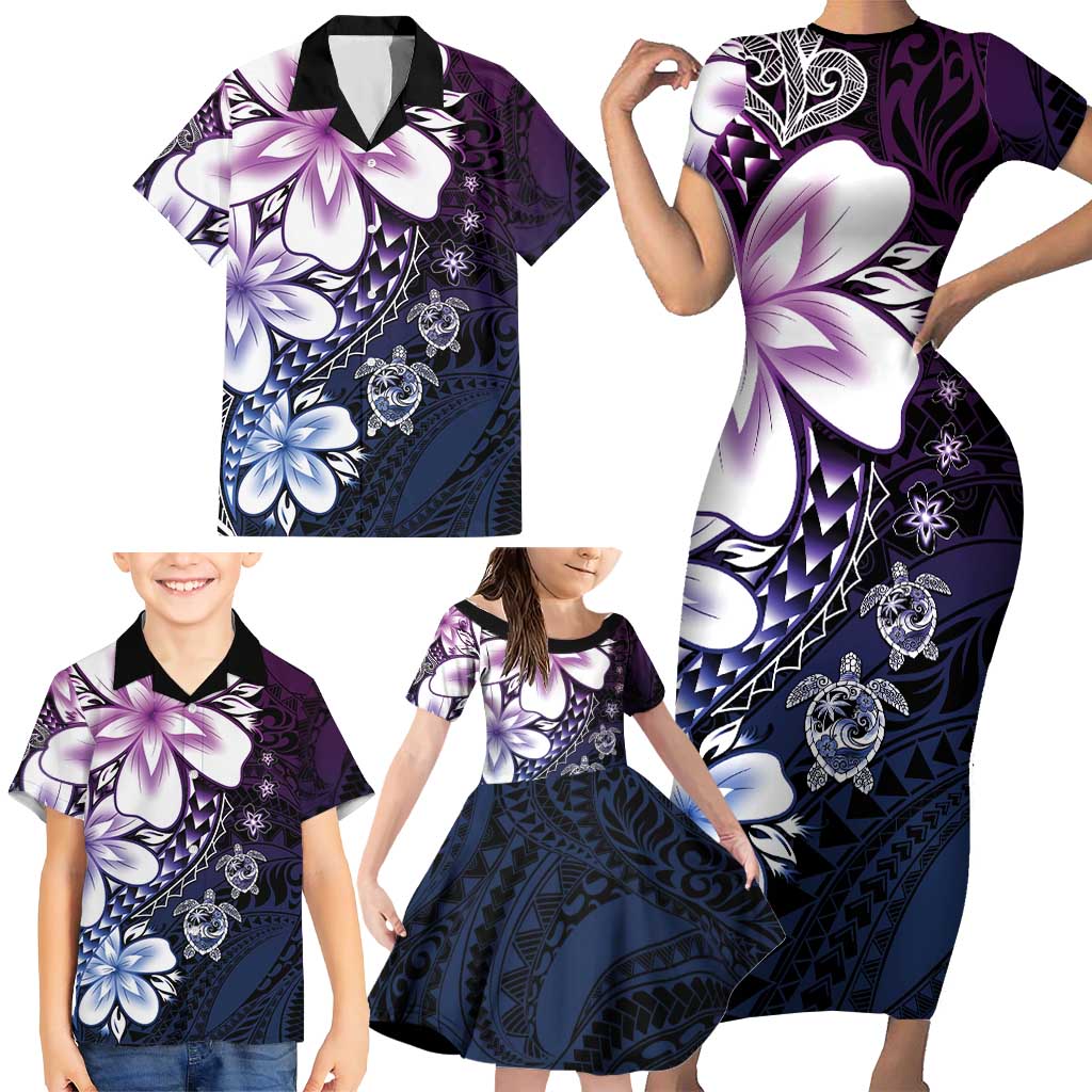 Polynesia Romantic Valentine Family Matching Short Sleeve Bodycon Dress and Hawaiian Shirt Sea Turtle Couple With Purple Gradient Plumeria