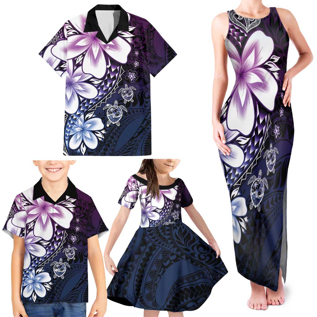 Polynesia Romantic Valentine Family Matching Tank Maxi Dress and Hawaiian Shirt Sea Turtle Couple With Purple Gradient Plumeria