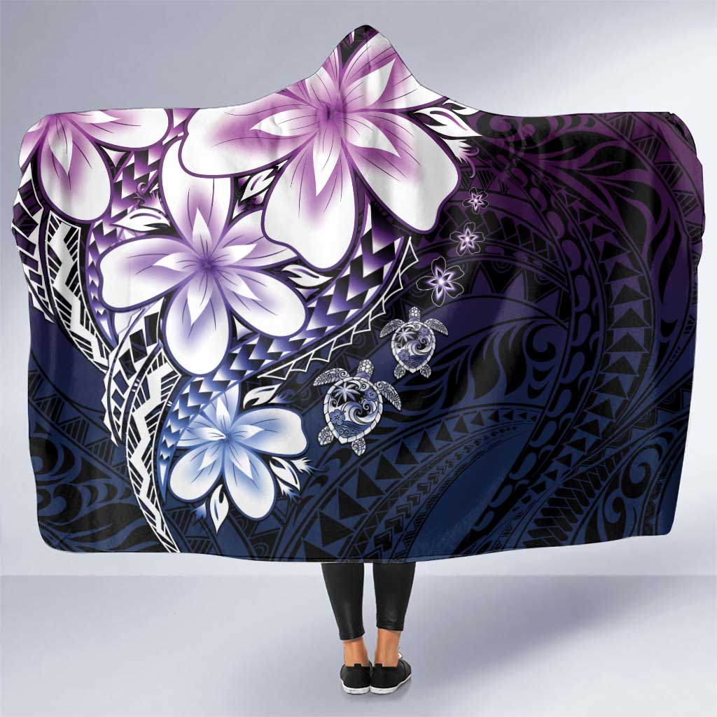 Polynesia Romantic Valentine Hooded Blanket Sea Turtle Couple With Purple Gradient Plumeria
