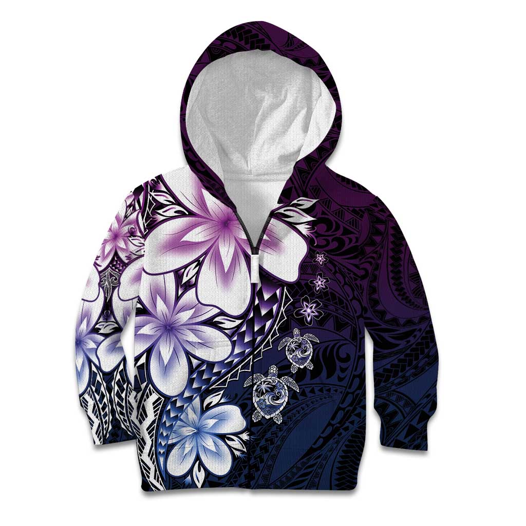 Polynesia Romantic Valentine Kid Hoodie Sea Turtle Couple With Purple Gradient Plumeria LT05 Zip Hoodie Purple - Polynesian Pride