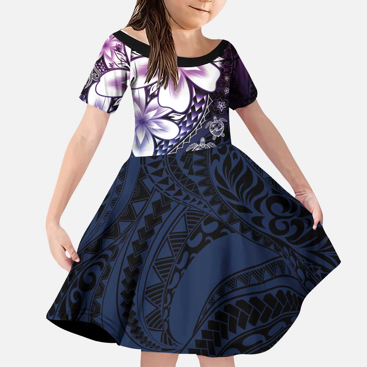 Polynesia Romantic Valentine Kid Short Sleeve Dress Sea Turtle Couple With Purple Gradient Plumeria