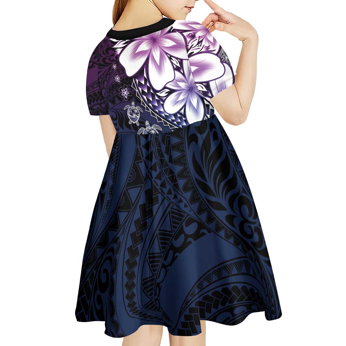 Polynesia Romantic Valentine Kid Short Sleeve Dress Sea Turtle Couple With Purple Gradient Plumeria