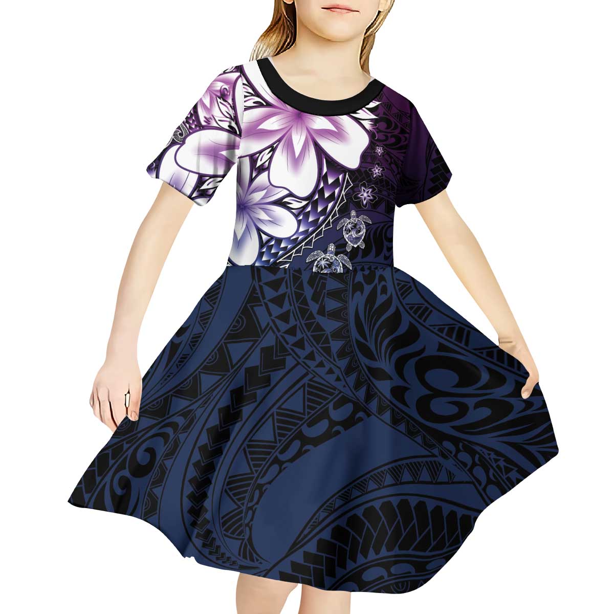 Polynesia Romantic Valentine Kid Short Sleeve Dress Sea Turtle Couple With Purple Gradient Plumeria