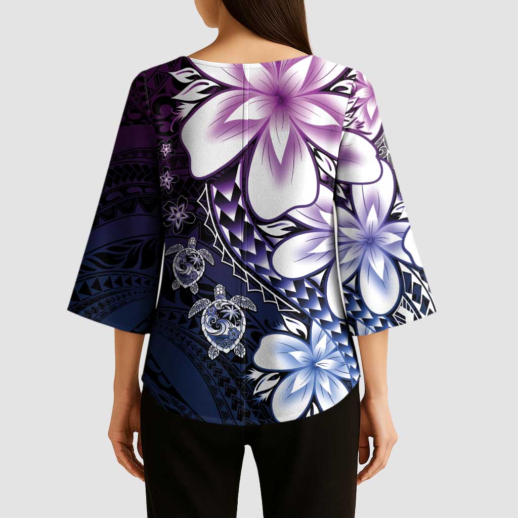 Polynesia Romantic Valentine Kimono Sleeve Blouse Sea Turtle Couple With Purple Gradient Plumeria LT05 - Polynesian Pride