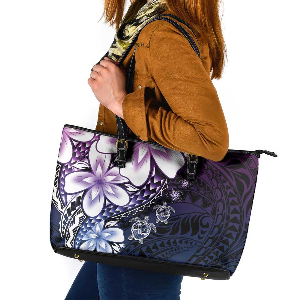 Polynesia Romantic Valentine Leather Tote Bag Sea Turtle Couple With Purple Gradient Plumeria