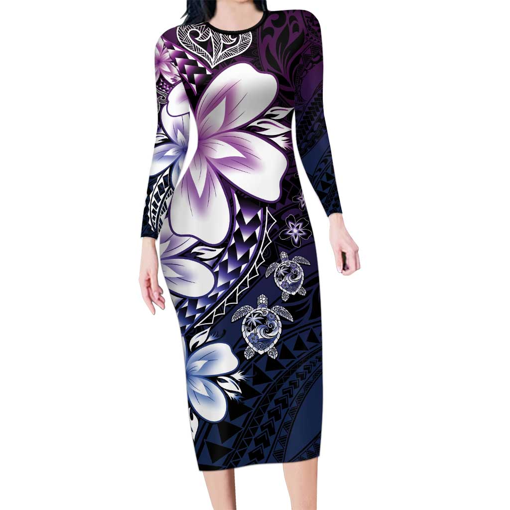 Polynesia Romantic Valentine Long Sleeve Bodycon Dress Sea Turtle Couple With Purple Gradient Plumeria