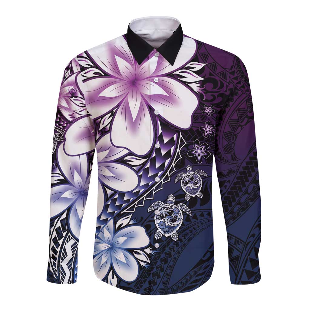 Polynesia Romantic Valentine Long Sleeve Button Shirt Sea Turtle Couple With Purple Gradient Plumeria LT05 Unisex Purple - Polynesian Pride