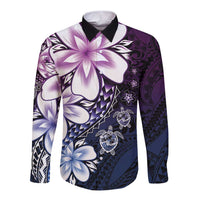 Polynesia Romantic Valentine Long Sleeve Button Shirt Sea Turtle Couple With Purple Gradient Plumeria LT05 Unisex Purple - Polynesian Pride
