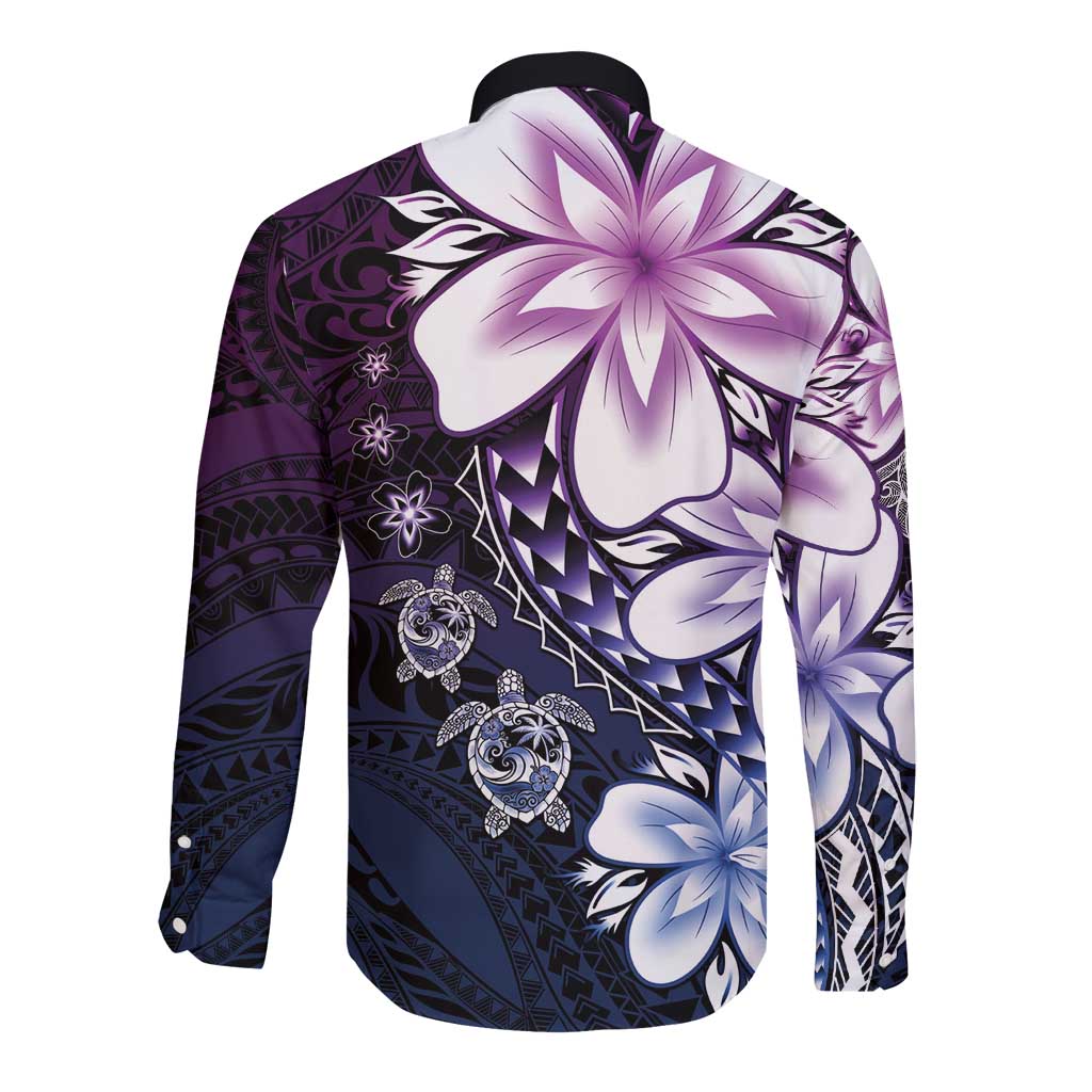 Polynesia Romantic Valentine Long Sleeve Button Shirt Sea Turtle Couple With Purple Gradient Plumeria LT05 - Polynesian Pride