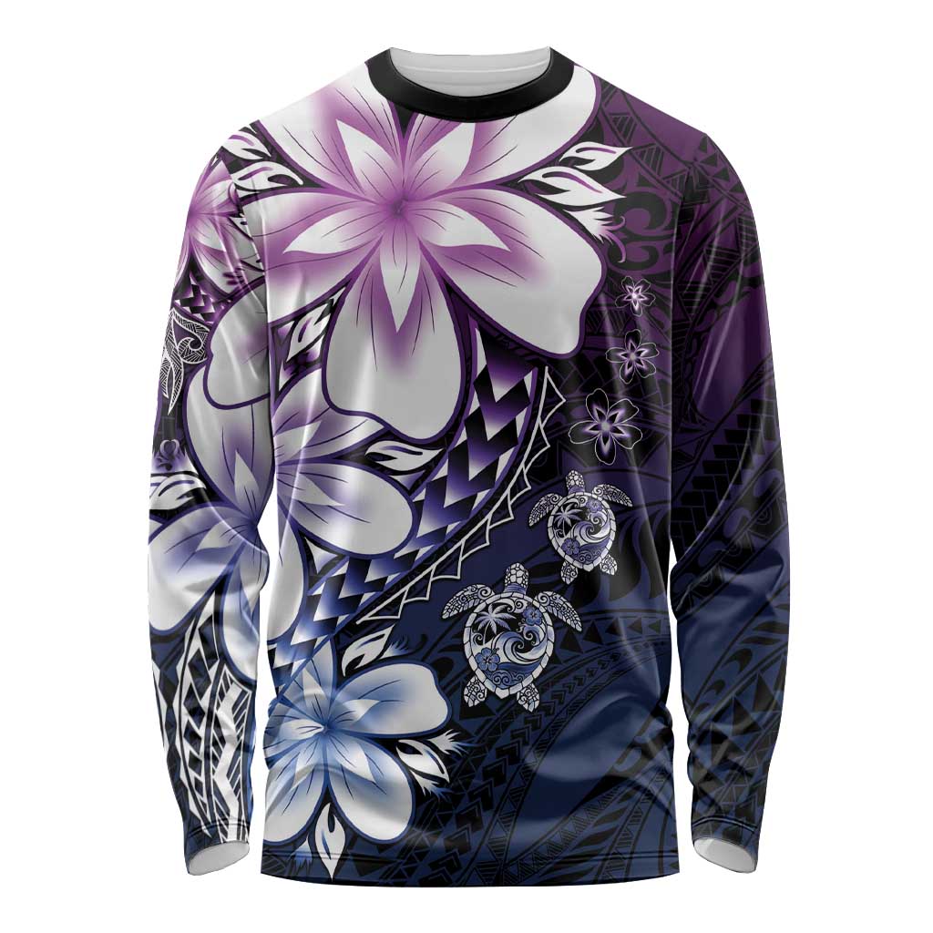 Polynesia Romantic Valentine Long Sleeve Shirt Sea Turtle Couple With Purple Gradient Plumeria