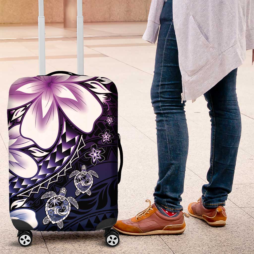 Polynesia Romantic Valentine Luggage Cover Sea Turtle Couple With Purple Gradient Plumeria