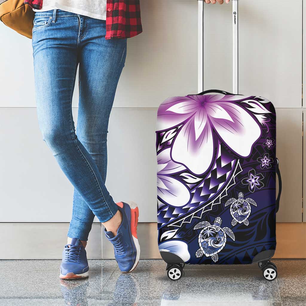 Polynesia Romantic Valentine Luggage Cover Sea Turtle Couple With Purple Gradient Plumeria