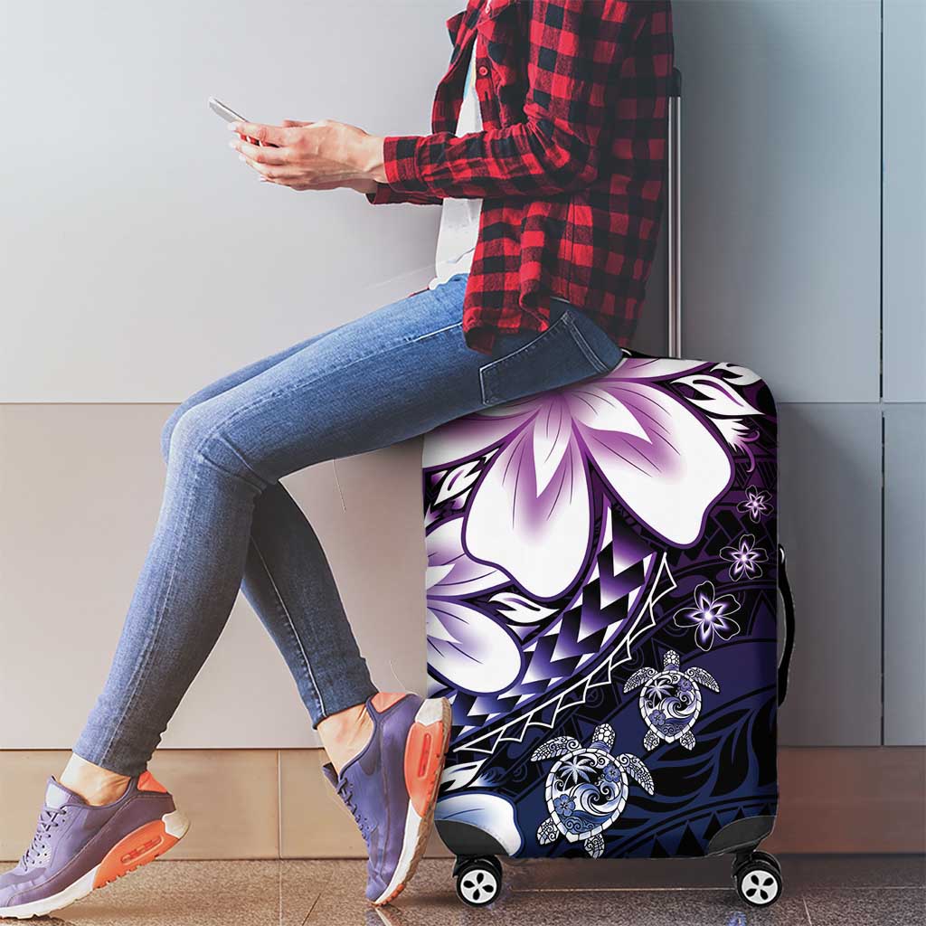 Polynesia Romantic Valentine Luggage Cover Sea Turtle Couple With Purple Gradient Plumeria