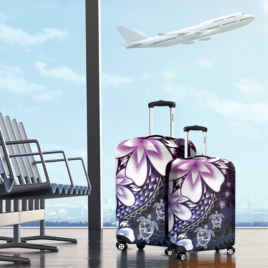 Polynesia Romantic Valentine Luggage Cover Sea Turtle Couple With Purple Gradient Plumeria