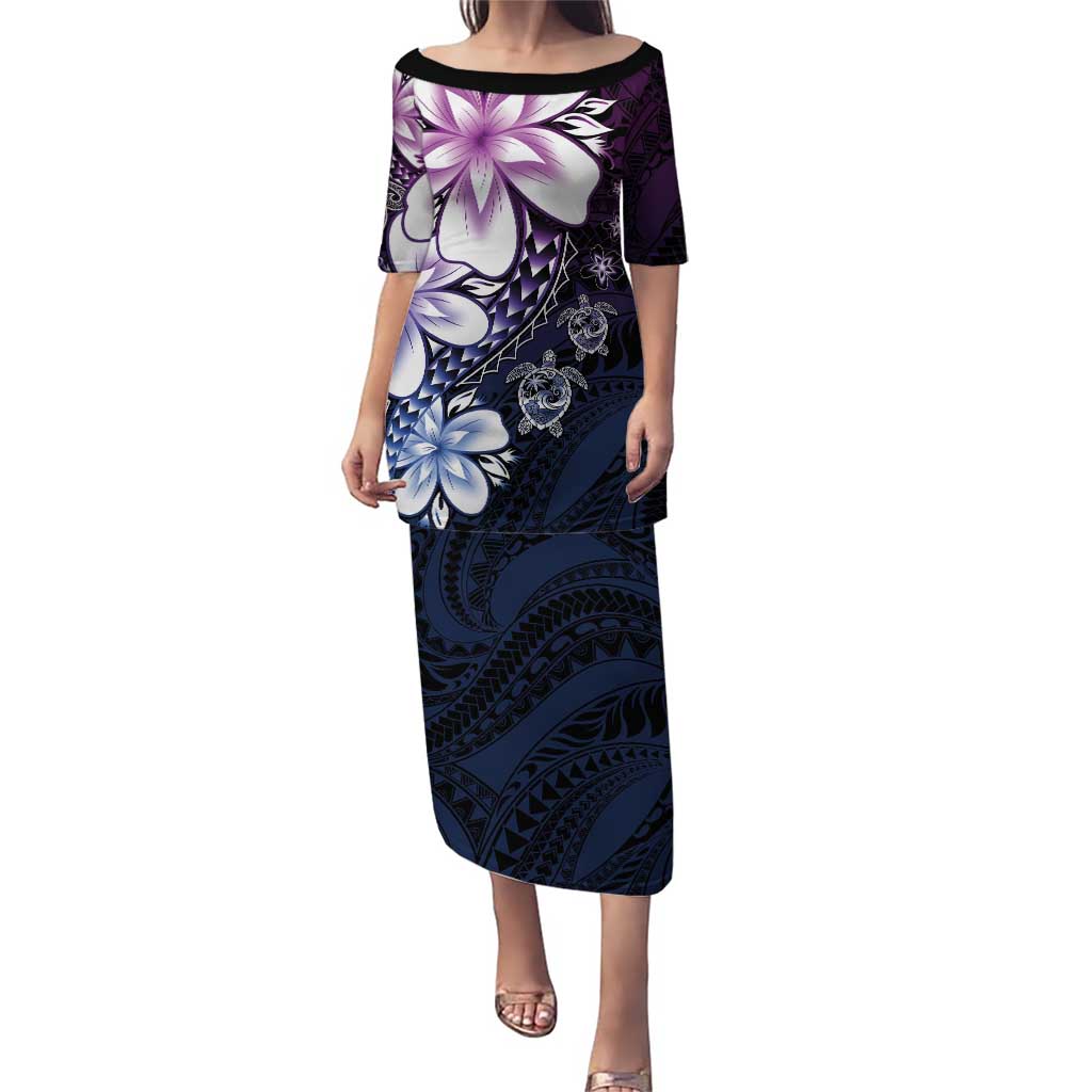 Polynesia Romantic Valentine Puletasi Sea Turtle Couple With Purple Gradient Plumeria