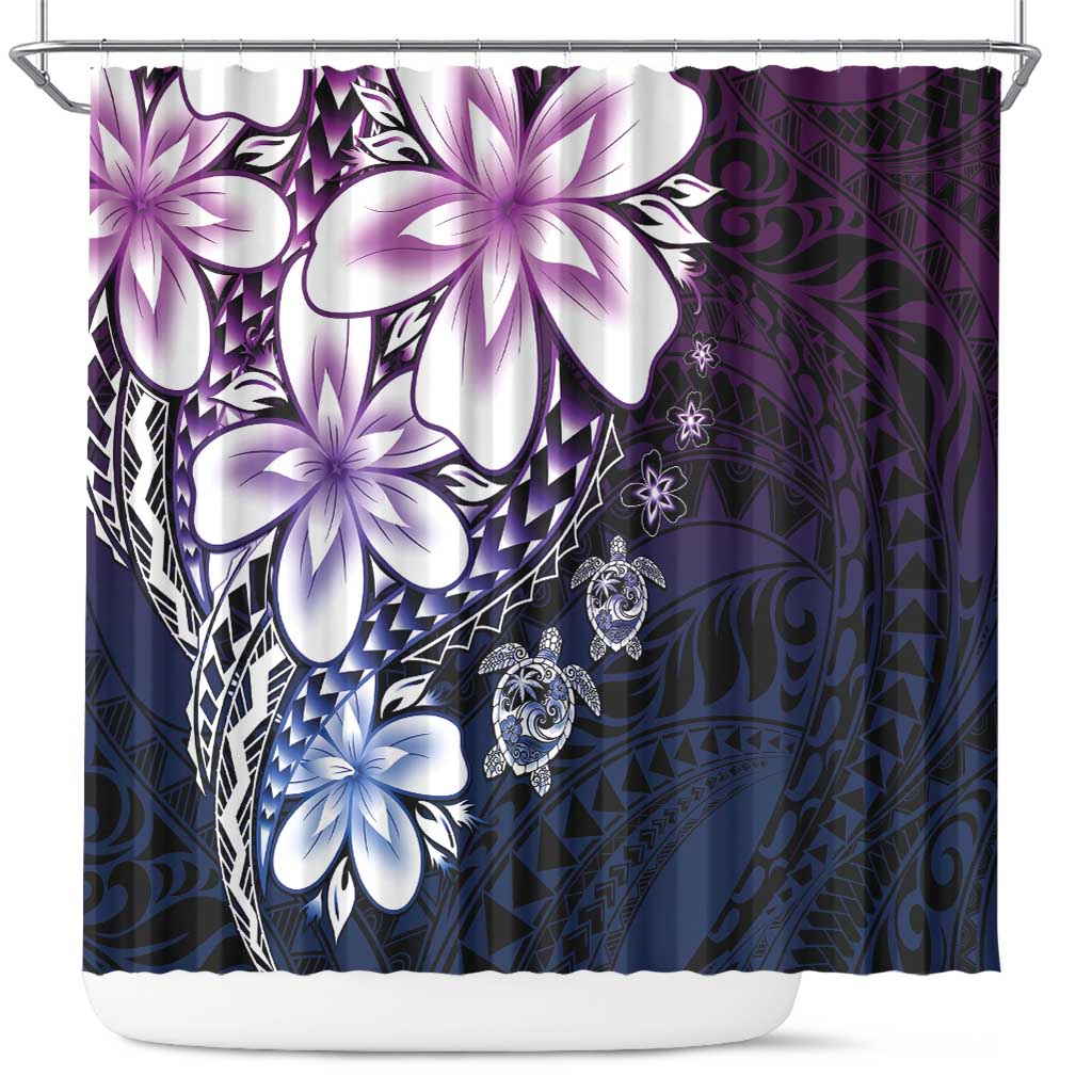 Polynesia Romantic Valentine Shower Curtain Sea Turtle Couple With Purple Gradient Plumeria